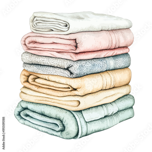 Watercolor pastel folded towels in a tall stack isolated on white