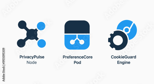 Data privacy and security icons: privacy pulse node, preferencecore pod, and cookeguard engine concepts