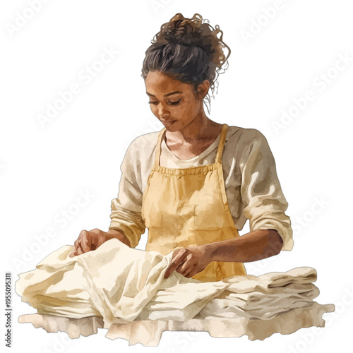 Watercolor black woman in apron folding laundry for cleaning service