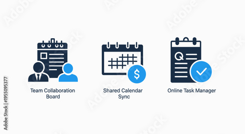 Business productivity icons: work schedule, event synchronization, and task management for project planning