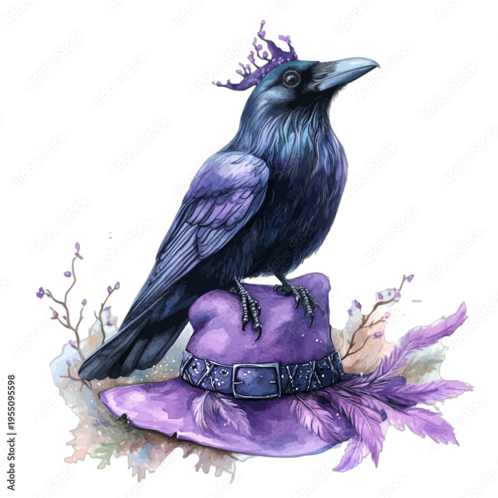 Obraz premium Watercolor mystical purple raven wearing a crown perched on a witch hat