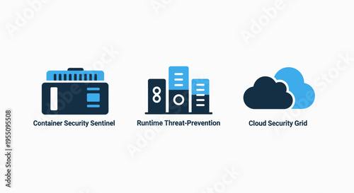 Advanced cyber security icons for container protection, runtime threat prevention, and comprehensive cloud defense solutions for it infrastructure