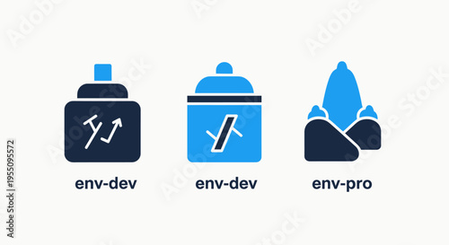Development and production environment technology icons set: cloud computing, data infrastructure, and scalability solutions for software engineering and digital platforms