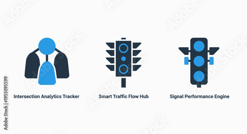 Smart city traffic management and information analytics icons: traffic flow optimization, performance logging, and data tracking for urban infrastructure