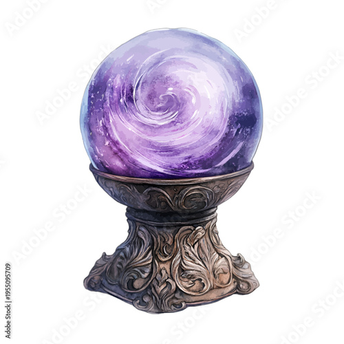 Watercolor mystical purple crystal ball on an ornate vintage bronze base
