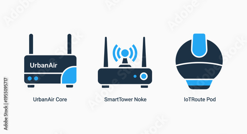 Flat design vector icons depicting wireless network routers, internet communication devices, and smart home connectivity solutions