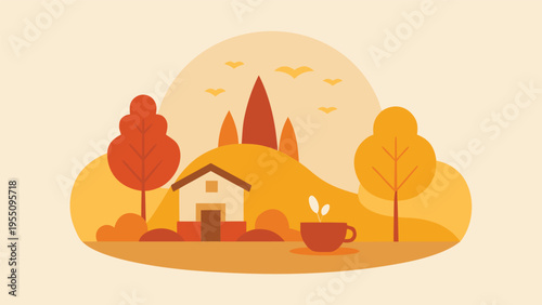 Vector art of cozy autumn scene with a small house, trees, and a cup of tea, creating a warm and inviting atmosphere on a beige background