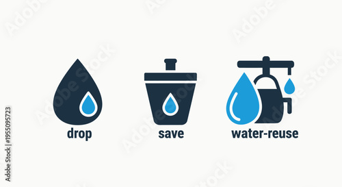 Water conservation and reuse icons featuring drop, save, and water-reuse concepts for environmental sustainability and eco-friendly initiatives