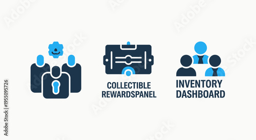 Flat design vector icons representing collectible rewards programs, loyalty panels, and inventory management dashboards for business operations
