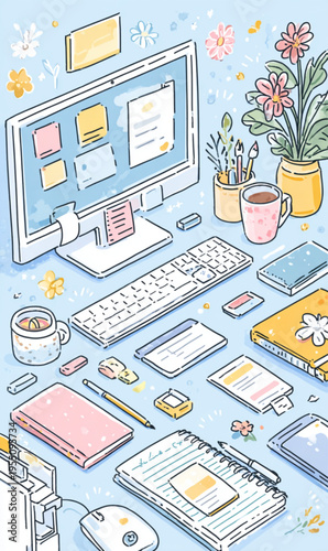 Colorful desk with computer and supplies.