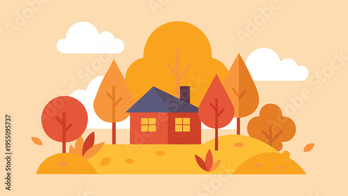 Vector art of charming autumn landscape with a cozy house nestled among colorful trees and fluffy clouds on a soft beige background