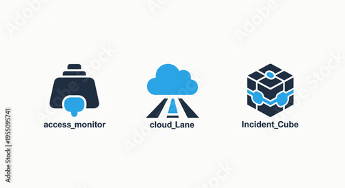Cloud computing and data management icons featuring access monitor, cloud lane, and incident cube for digital infrastructure and security