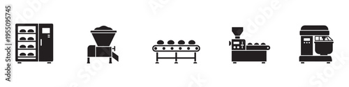 Industrial bakery machinery and bread factory equipment. Vector Illustration.