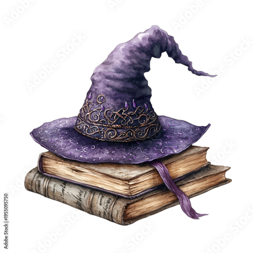 Watercolor vintage purple witch hat resting on a stack of old books