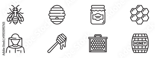 Beekeeping and honey production icon set for organic farm products. Vector Illustration.