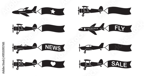 Airplane banner and advertising aircraft icons set. Vector Illustration.