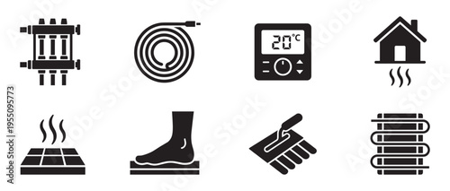 Underfloor heating system and home climate icons set. Vector Illustration.