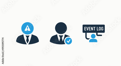 User management and event log system icons: account alert, verified user, and activity tracking interface design elements for digital platforms