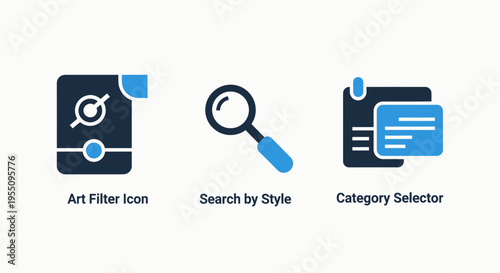 Digital content filtering and search icons: art filter, style search, and category selector elements for application interface design and organization