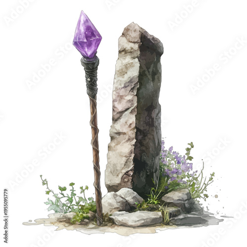 Watercolor illustration of magical purple crystal wizard staff and standing stone
