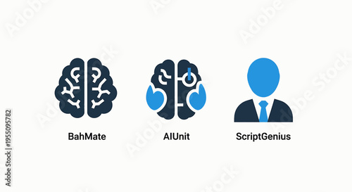 Artificial intelligence and creative automation icons: brain concepts, AI unit, and script genius for smart technology and content generation systems