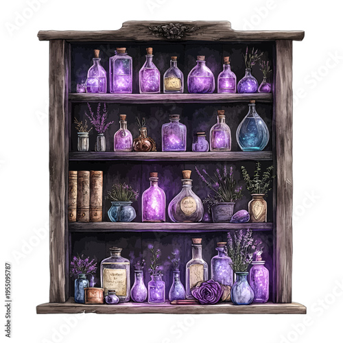 Watercolor magical apothecary bookshelf with purple glowing potions and herbs