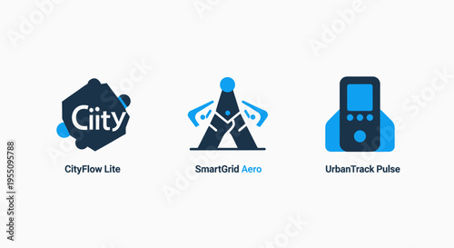 Smart city technology and urban management icons: city flow, sensor grid, and urban track pulse for data analytics and future development