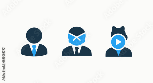 User profile status and identity icons: male, restricted, and playback for account management and digital interaction interface design