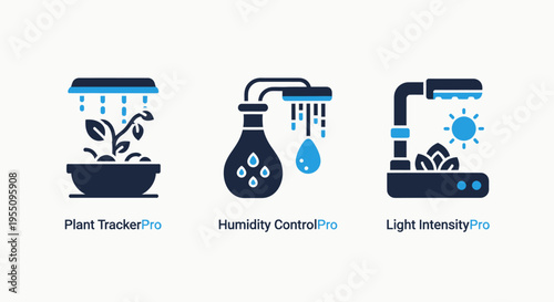 Smart agriculture and indoor plant care technology icons set with plant tracking pro humidity control systems and light intensity monitoring sensors for hydroponic gardening optimization