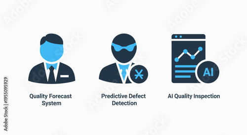 Ai quality assurance and inspection technology icons set with predictive defect detection quality forecast systems and data analytics monitoring for smart manufacturing environments