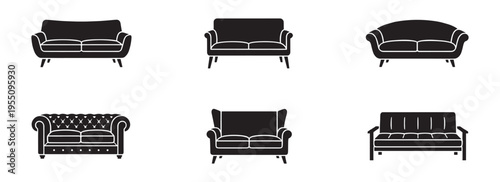 Modern sofa and couch silhouette icon set, home interior and living room furniture isolated on white. Vector Illustration.
