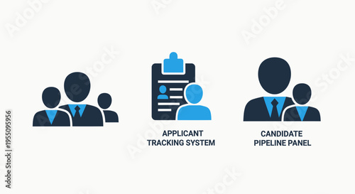 Human resources recruitment and applicant tracking system icons set for talent acquisition featuring candidate pipeline panels and employee selection management processes for business