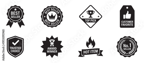 Best seller and quality badges silhouette icon set, award and marketing labels isolated on white. Vector Illustration.