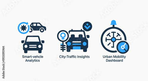 Smart vehicle analytics, city traffic insights, urban mobility dashboard icons: intelligent transportation systems, automotive data, future city planning