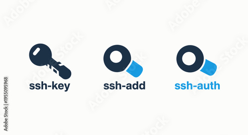 Ssh key, add, and auth icons representing secure access, network authentication, cybersecurity, and digital data protection solutions