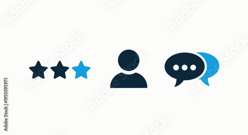 Customer review, user profile, and chat communication icons: digital elements for feedback, ratings, and online engagement platforms