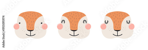 Cute little xerus, ground squirrel face illustration isolated set. Kawaii cartoon character. Wild animal, African wildlife. Kids print, design element, clip art collection. Hand drawn flat vector