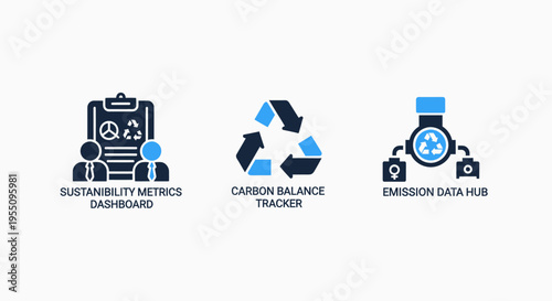 Sustainability metrics, supply chain tracker, and circular economy 4.0 icons for eco-friendly business, environmental responsibility, and green initiatives