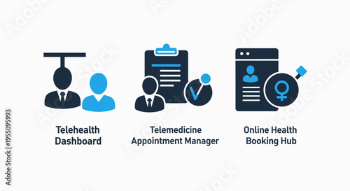 Telehealth dashboard, telemedicine appointment manager, and online health booking hub icons for digital healthcare services and remote patient care