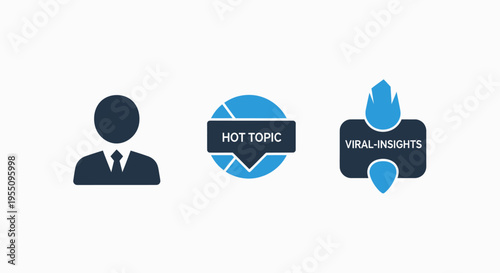Hot topic and viral insights business icons featuring a professional avatar, speech bubble, and flame symbol for social media trend analysis