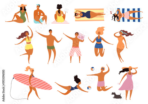 Beautiful women, men in swimsuit, having fun on beach, illustration isolated set. Summer holidays, vacations, resort. Flat design element, cartoon character collection, hand drawn vector clip art