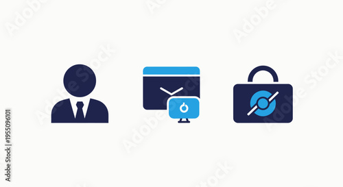 Corporate identity and professional communication icons depicting an executive user profile desktop email message and secure digital briefcase for business data storage and protection