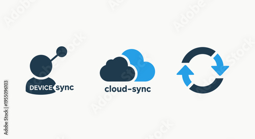 Connectivity and data synchronization vector icons set showing mobile device sync cloud storage integration and circular update process arrows in a clean blue and black modern graphic style