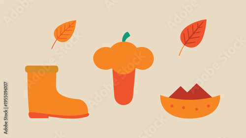 Vector art of a delightful autumn arrangement with a boot, pumpkin, leaves, and bowl, perfect for a fallthemed design, on beige background