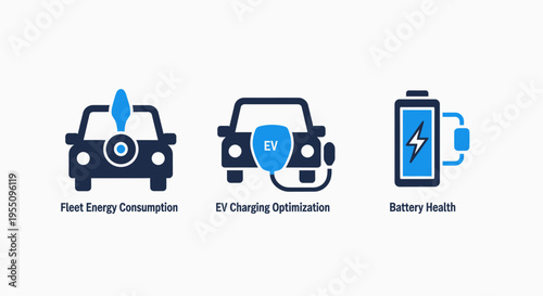 Electric vehicle fleet management and battery health monitoring icon set featuring energy consumption ev charging optimization and power level status graphics for sustainable transportation technology