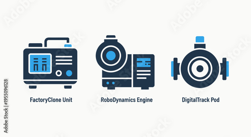 Industrial manufacturing and mechanical engineering icons depicting a factory unit robot dynamics engine and digital pump system for smart automation and heavy machinery production logistics