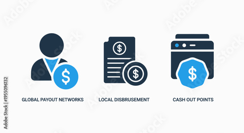 Global payout networks and local cash disbursement icon set with financial transaction money transfer and payment outpoint symbols for international banking and fintech business application design