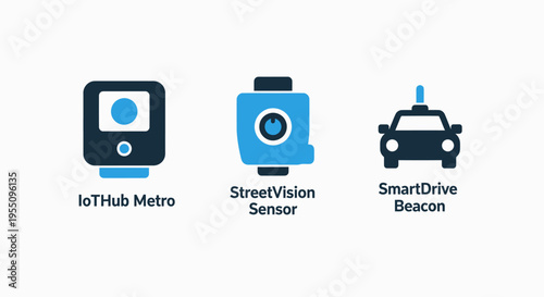 Smart city infrastructure and iot technology icon set featuring street vision sensor internet of things hub and autonomous vehicle beacon graphics for modern urban technological system development