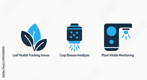 Precision agriculture and plant health monitoring icon set featuring leaf sensor crop disease analyzer and smart vitality tracking graphics for sustainable farming and biological tech innovation