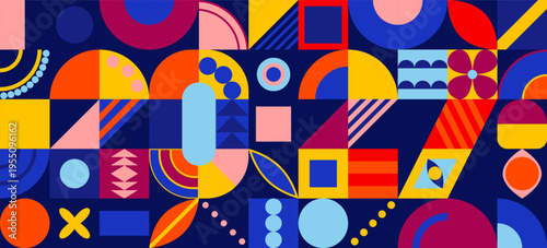 2027 New Year design with abstract geometric pattern. Vintage, retro decorative shapes, bright colors element, tiles on grid. Holiday typography. Vector illustration on blue background, backdrop